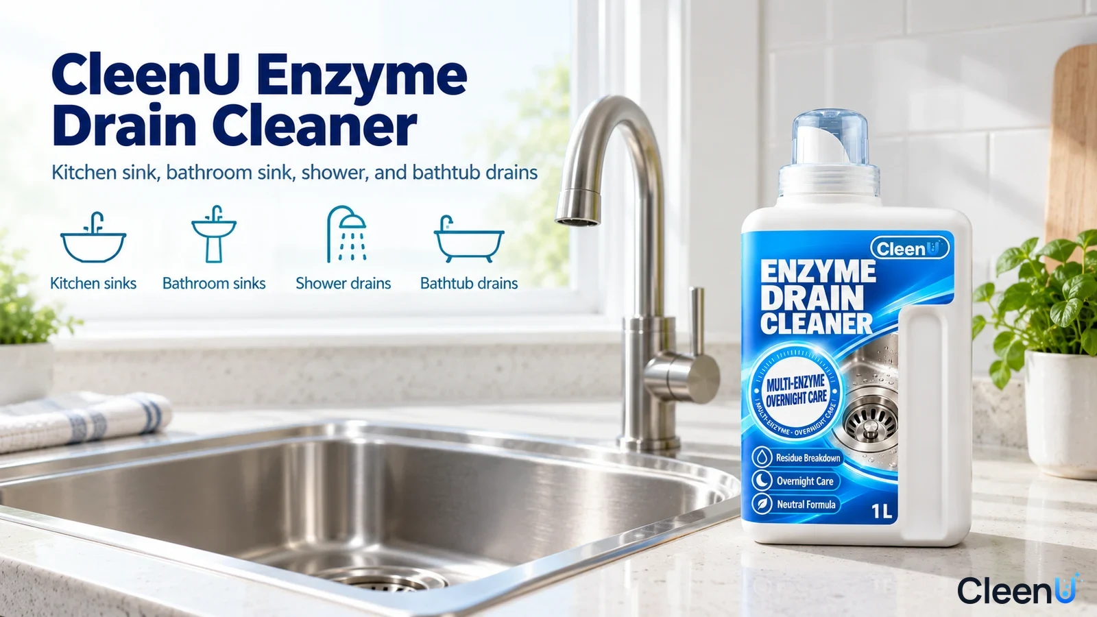 Illustration: A white cleaner bottle beside a kitchen sink with use icons.