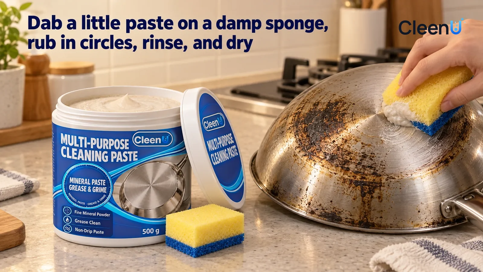 Illustration: CleenU Multi-Purpose Cleaning Paste — one hand holds a damp yellow-and-blue two-layer sponge and lightly dabs a little off-white paste from the tub