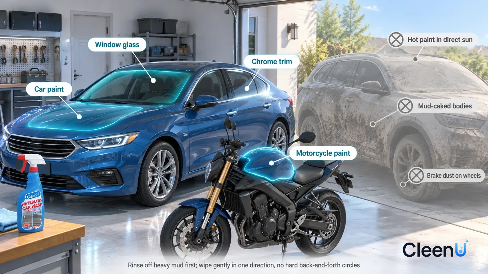 Illustration: CleenU Waterless Car Wash — A realistic 3D cutaway of a bright home garage and driveway, one continuous space from one viewpoint, no bottle: sedan hood paint