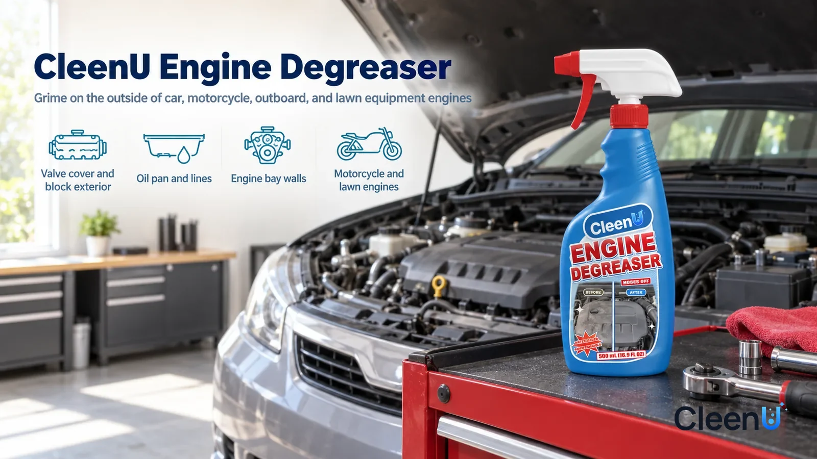 Illustration: CleenU Engine Degreaser — A bright, tidy home garage, a family sedan (no logos, no license plate numbers) with the hood propped open