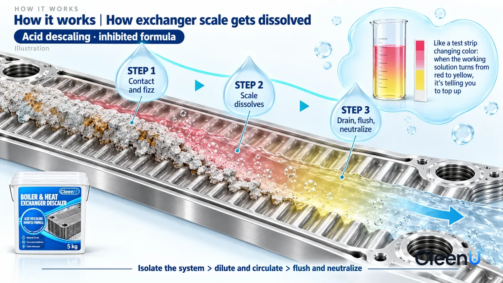 Illustration: CleenU Boiler & Heat Exchanger Descaler — an enormously magnified slice of a stainless-steel heat exchanger plate runs diagonally from upper left to lower right; on the left a rough