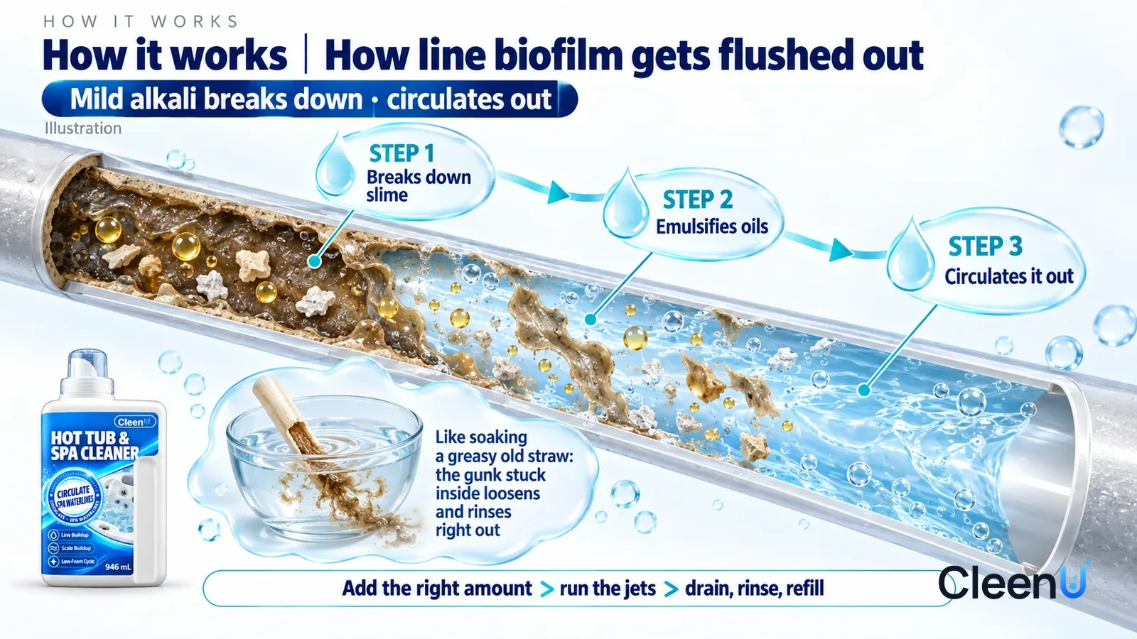 Illustration: CleenU Hot Tub & Spa Cleaner — an enormously magnified lengthwise slice of a hot tub circulation line runs diagonally from upper left to lower right; on the left a dark br