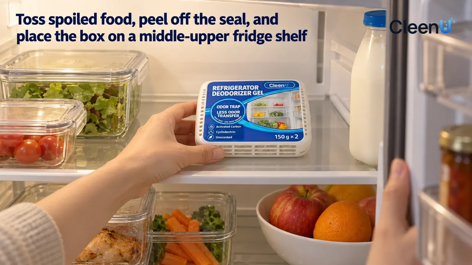 Illustration: CleenU Refrigerator Deodorizer Gel — one hand holds a box of the product with its film removed and is laying it flat toward the back of the middle shelf, clear of the air vent
