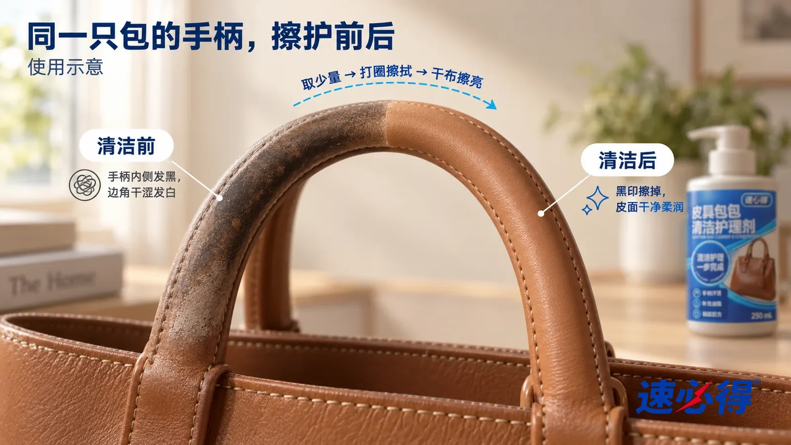 示意图:速必得皮具包包清洁护理剂——整屏一只浅棕色光面真皮托特包手柄和包口的低角度大近景(无任何品牌标志和五金刻字),窗户侧光,不出现瓶子:没处理的一侧手柄发黑发暗