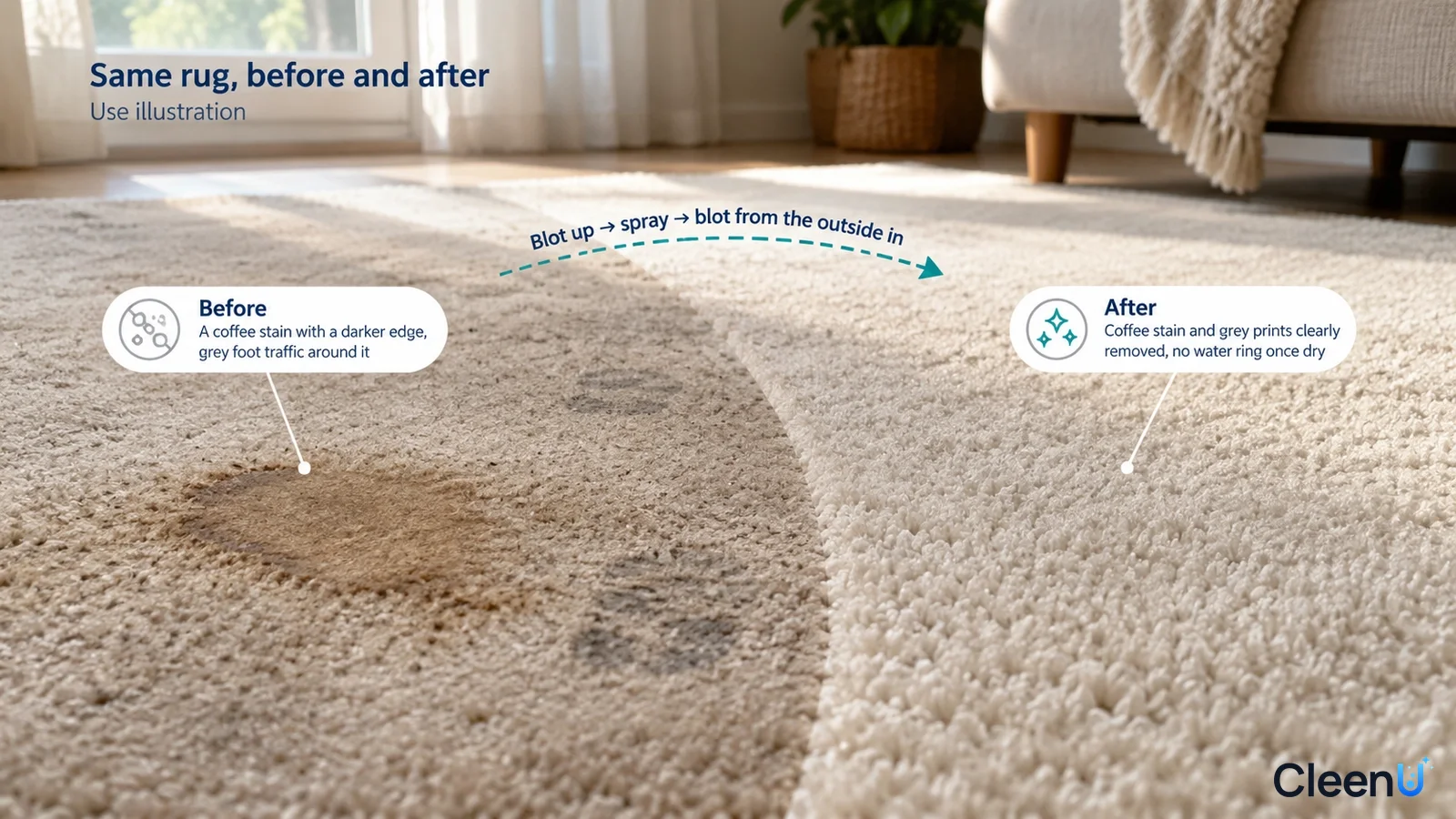 Illustration: Brown stains and footprints beside a clearer rug area; not a measured cleaning test.