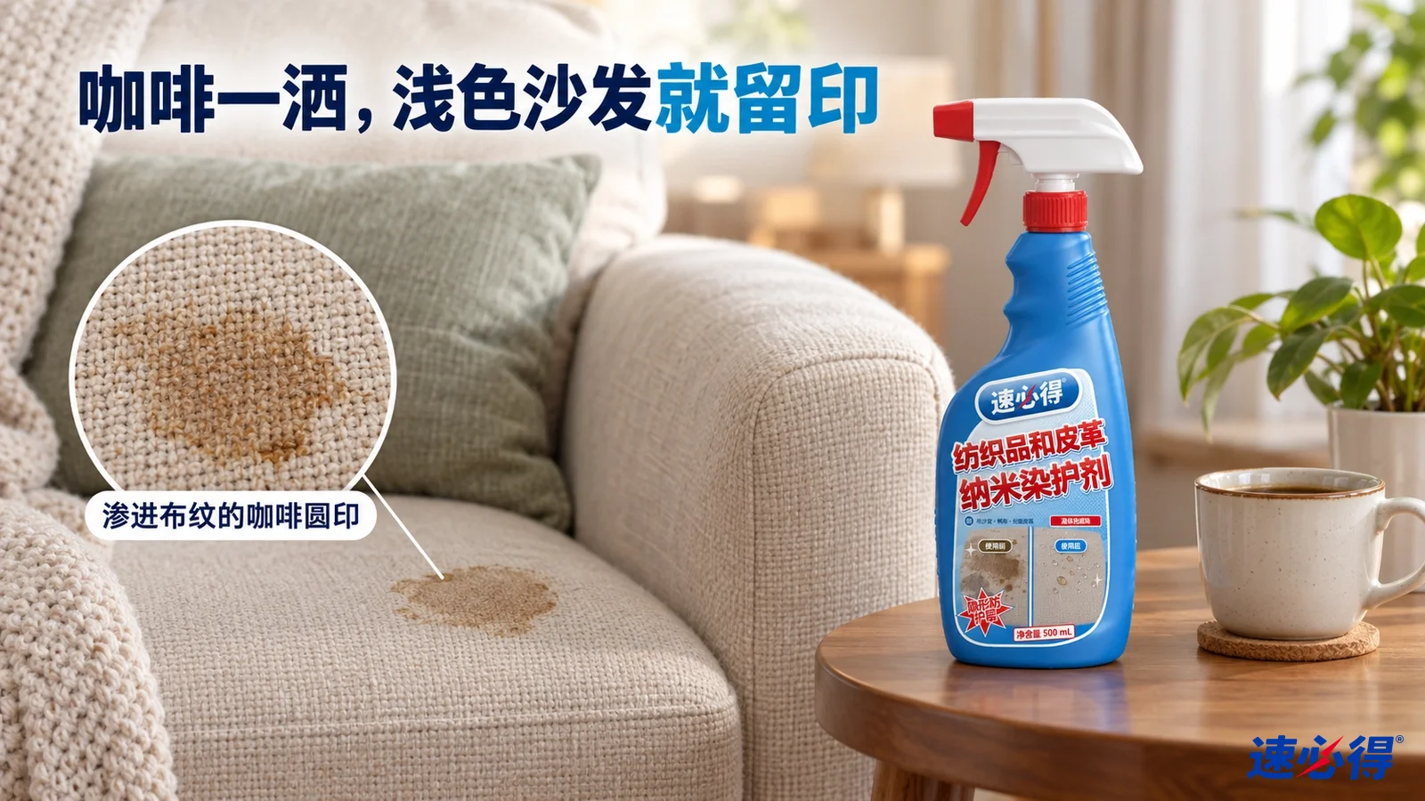 示意图：浅色布艺沙发上有棕色咖啡渍，蓝色防护剂喷瓶放在旁边。