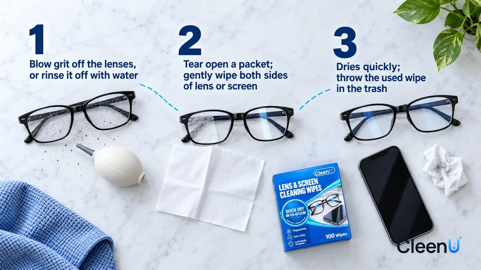 Illustration: CleenU Lens & Screen Cleaning Wipes — an overhead shot straight down onto a light marble tabletop, no hands, with the product lying flat as specified above: (1) a pair of black-f