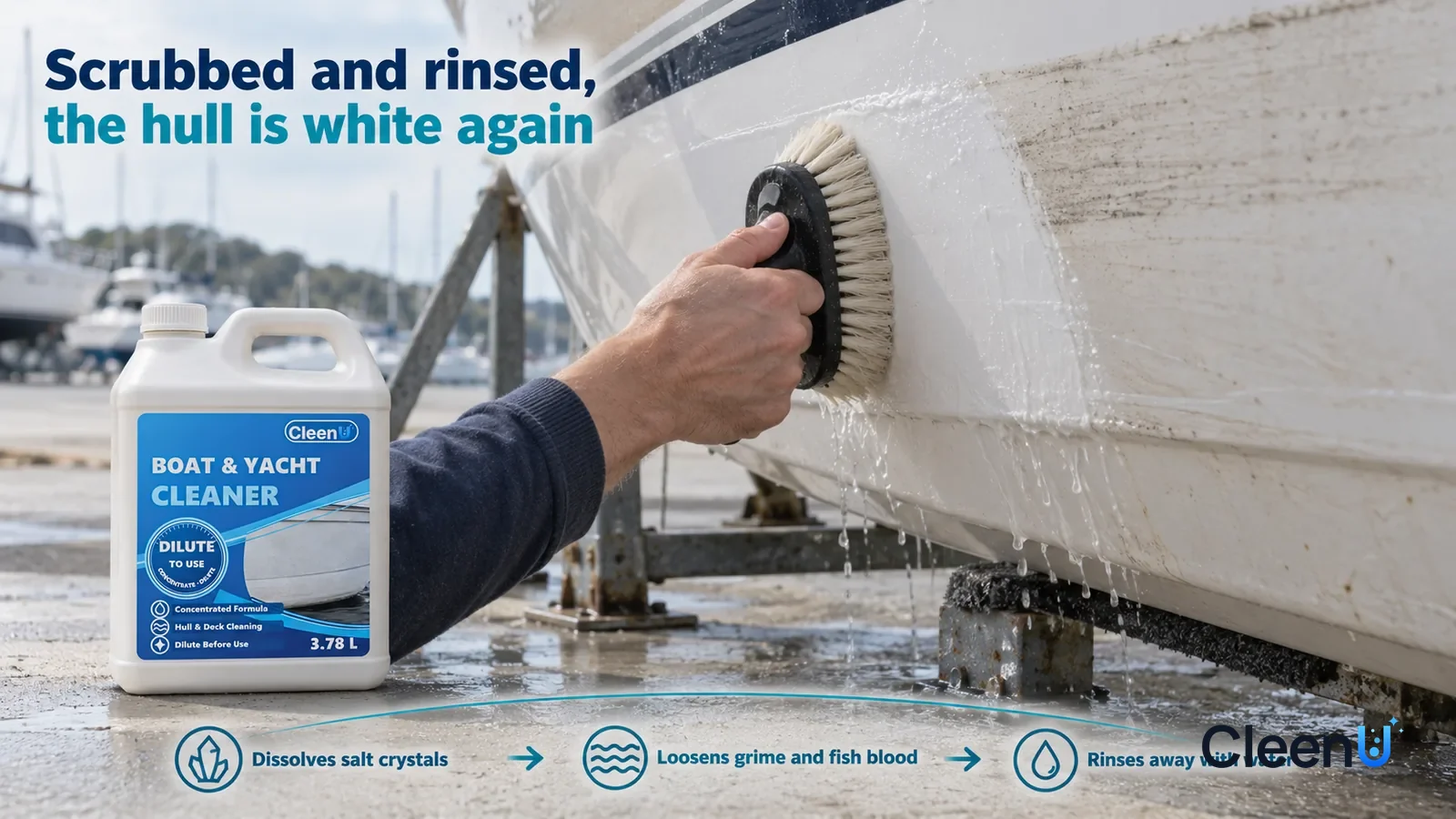 Illustration: CleenU Boat & Marine Cleaner — Outdoors on shore beside the boat stand, a low-angle close-up of a white fiberglass hull side: one hand (no face, five natural fingers