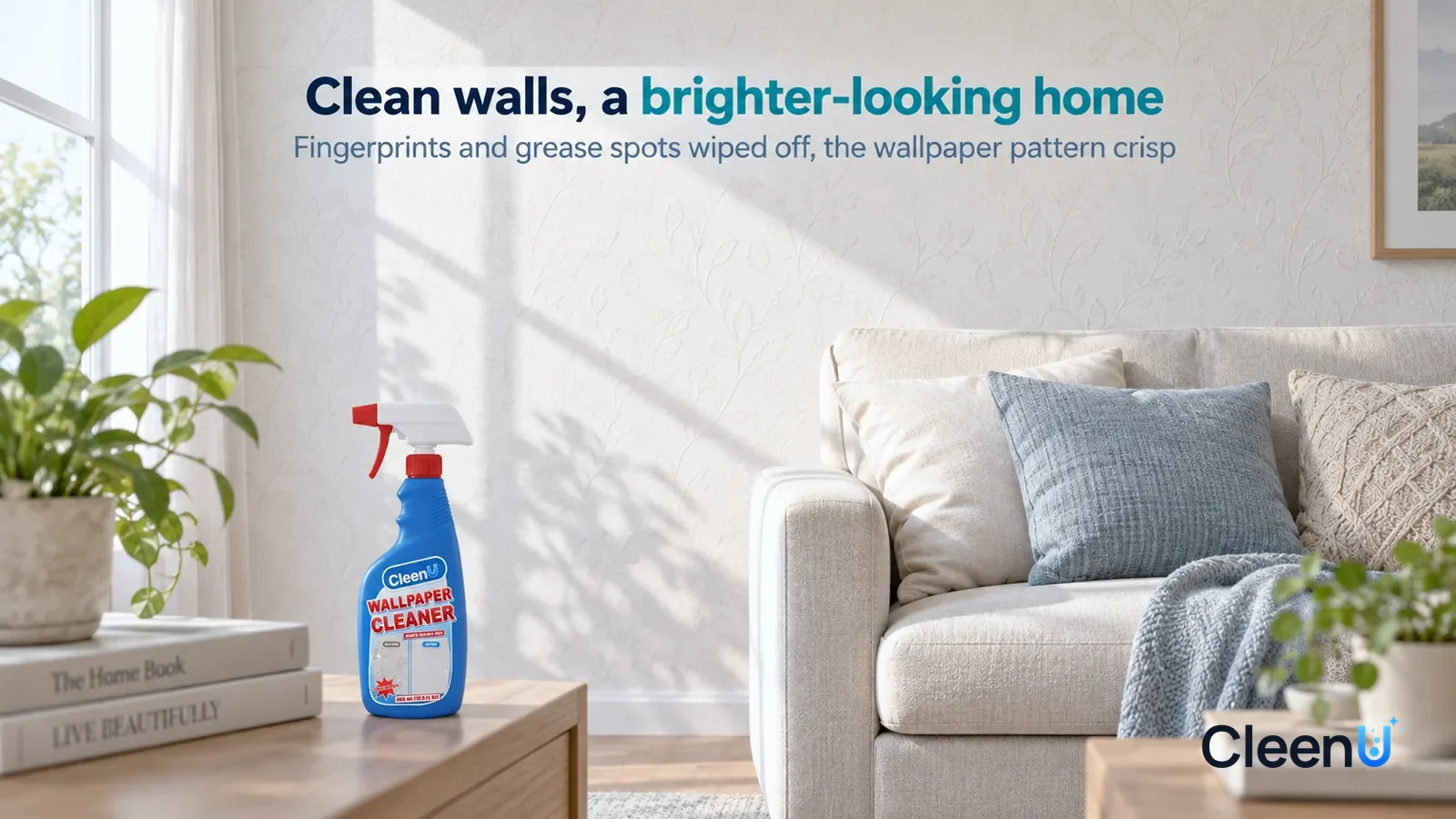 Illustration: CleenU Wallpaper Cleaner — A bright early-morning living room, a clean pale beige embossed wallpaper wall with a light-colored sofa in front Headline: "Clean walls, a brighter-looking ho