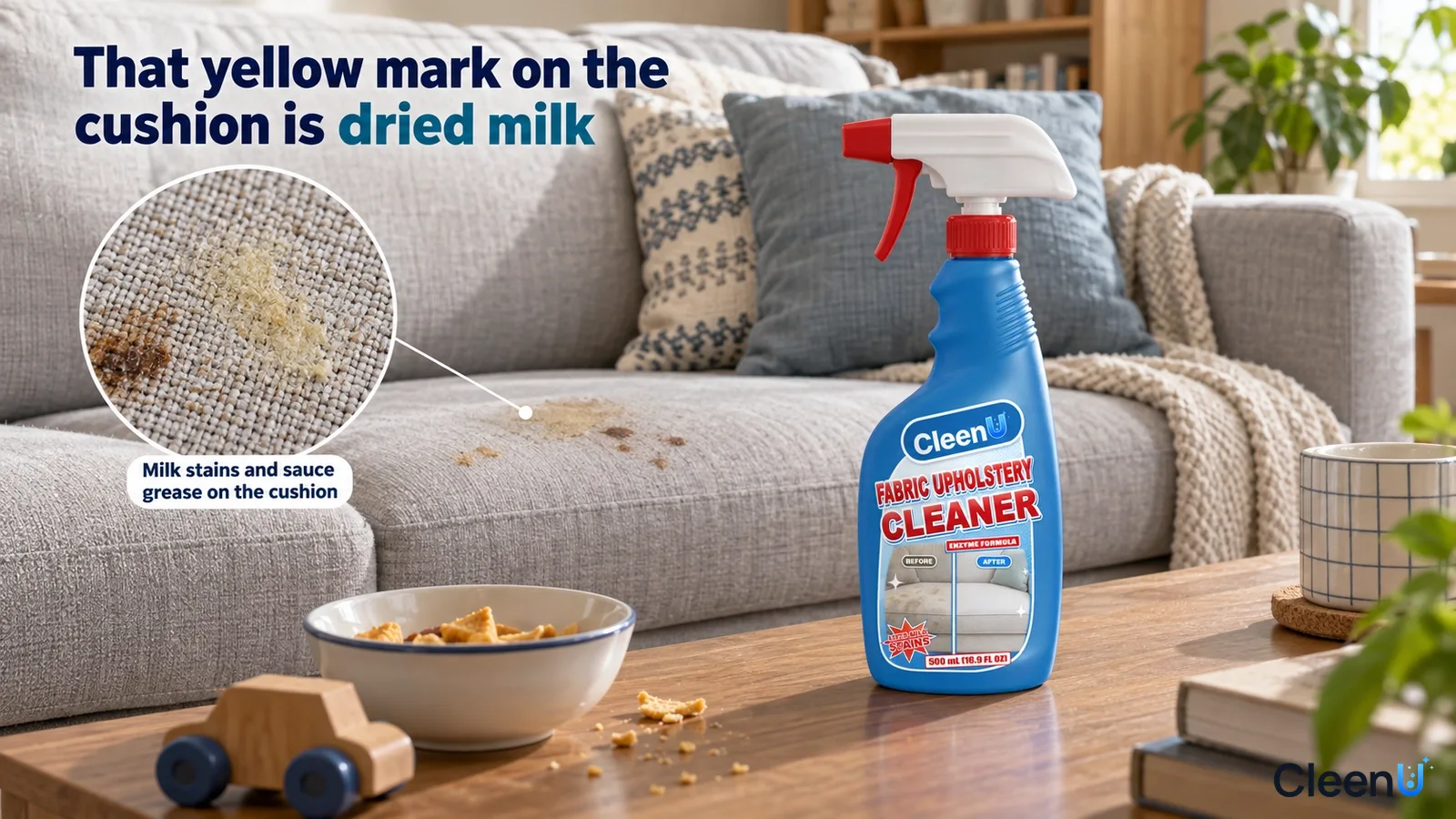 Illustration: Yellow dried milk and food marks on a gray sofa cushion beside a blue cleaner bottle on a coffee table.