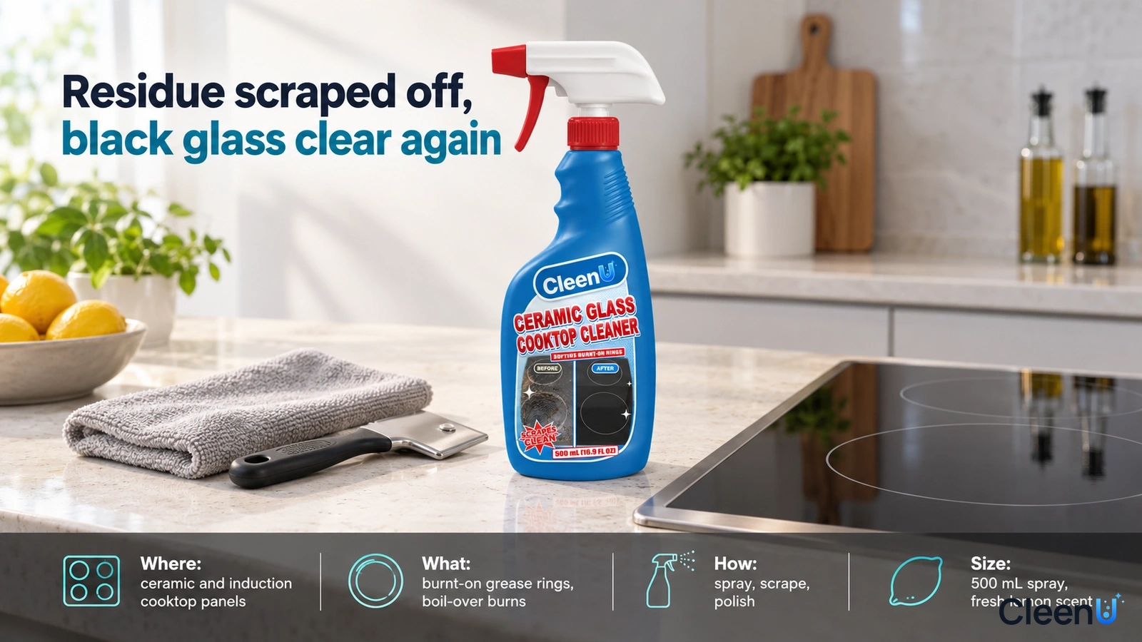 Illustration: A blue cleaner bottle, gray cloth and metal scraper beside a glass cooktop.