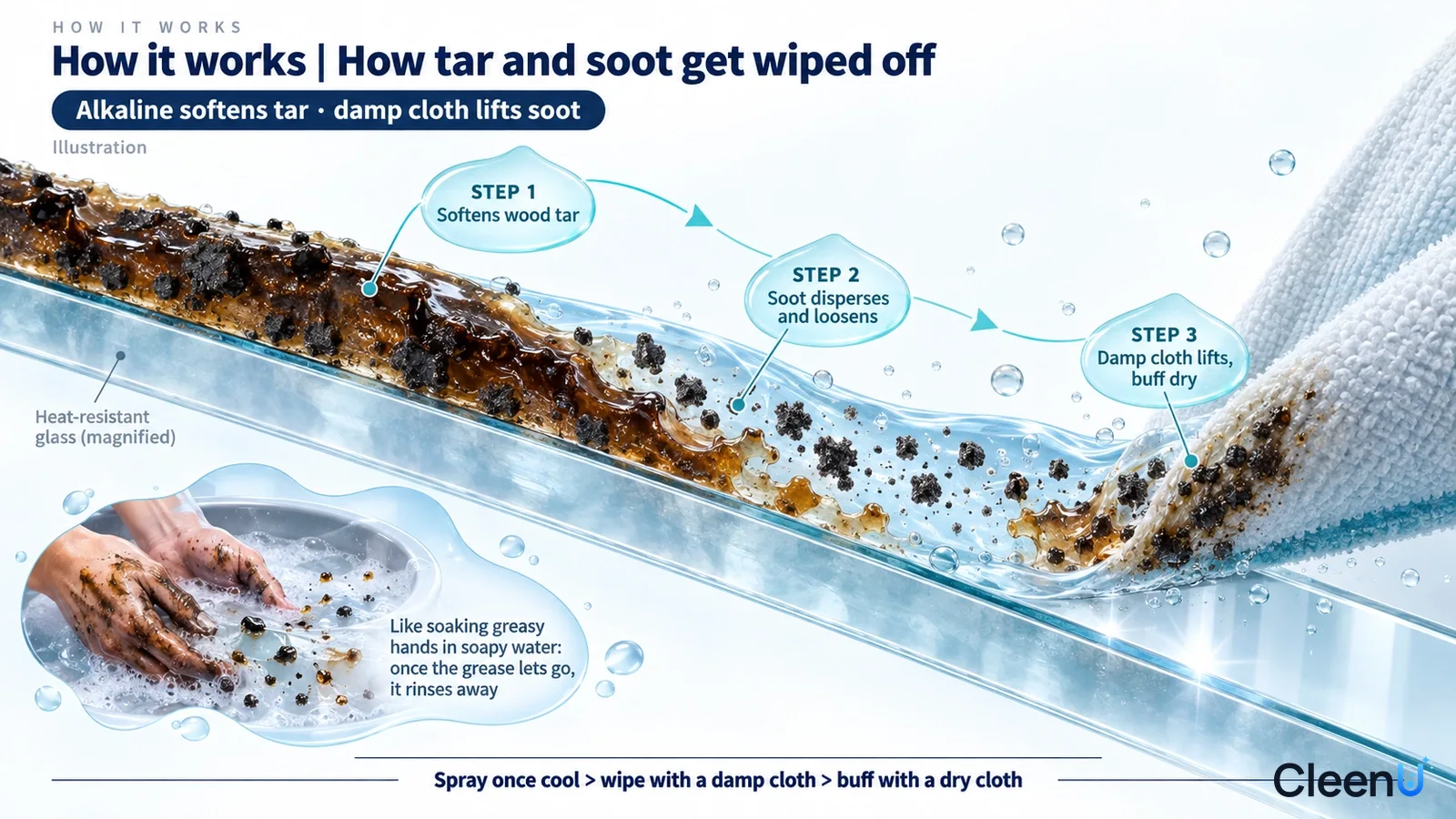 Illustration: A glass surface cross-section, brown-black soot particles, drops and a cleaning cloth.