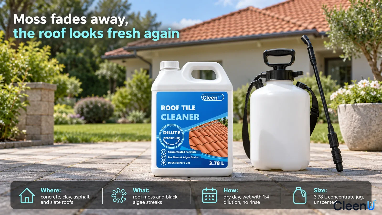 Illustration: A white cleaner jug and pump sprayer in front of a house.