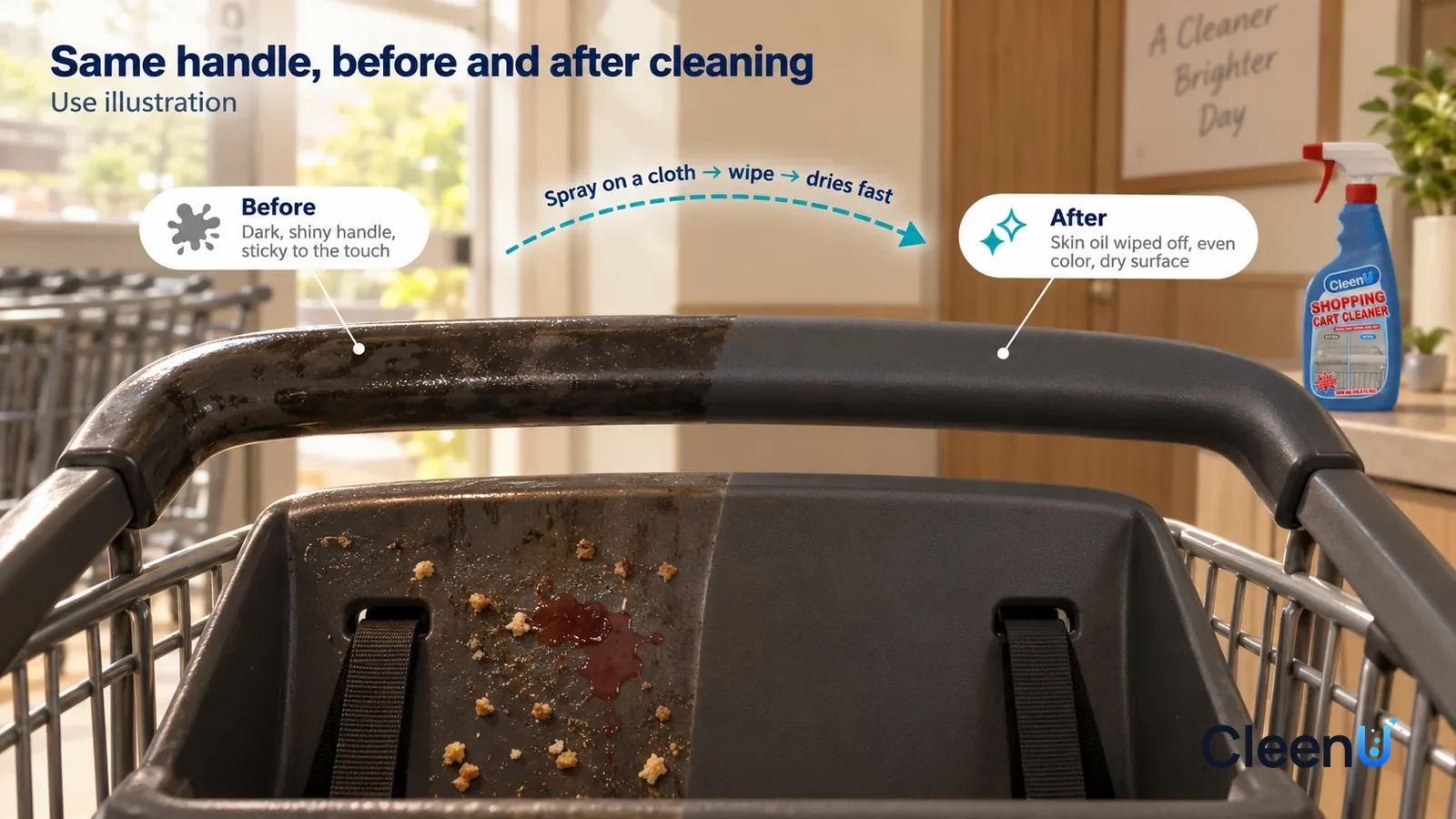 Illustration: CleenU Shopping Cart Cleaner — A full-screen low-angle close-up of a cart's plastic handle and child-seat panel in the same raking light
