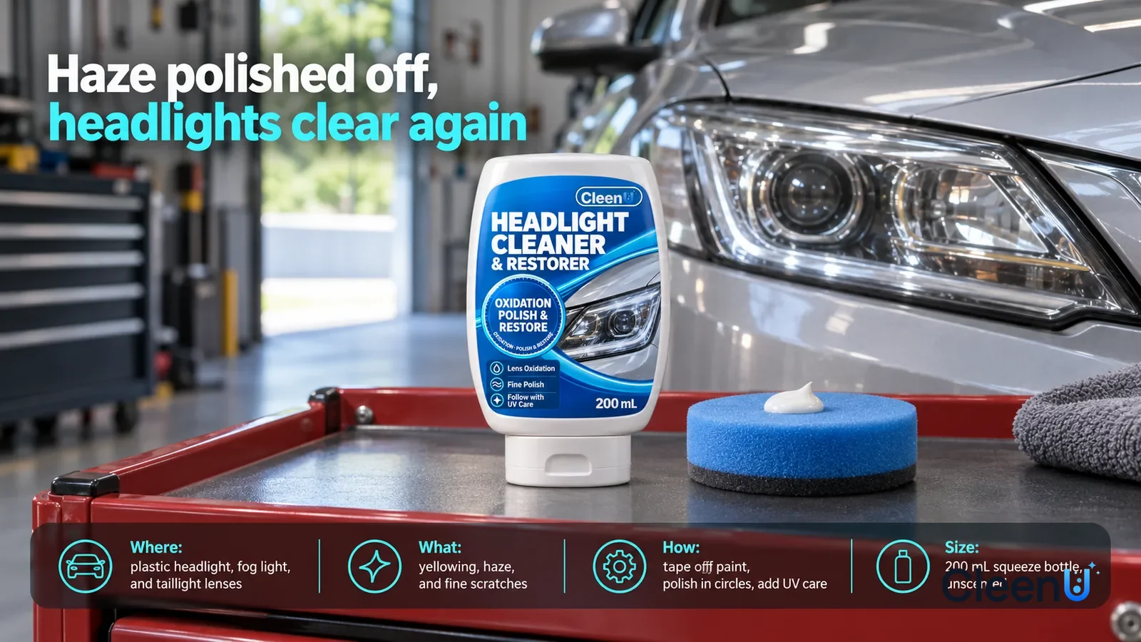 Illustration: CleenU Headlight Cleaner & Restorer stands upside down on its cap, centered on a garage tool cart, a blue polishing sponge beside it