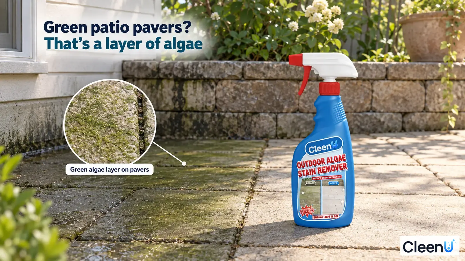 Illustration: Green algae on patio pavers beside a blue cleaner bottle.