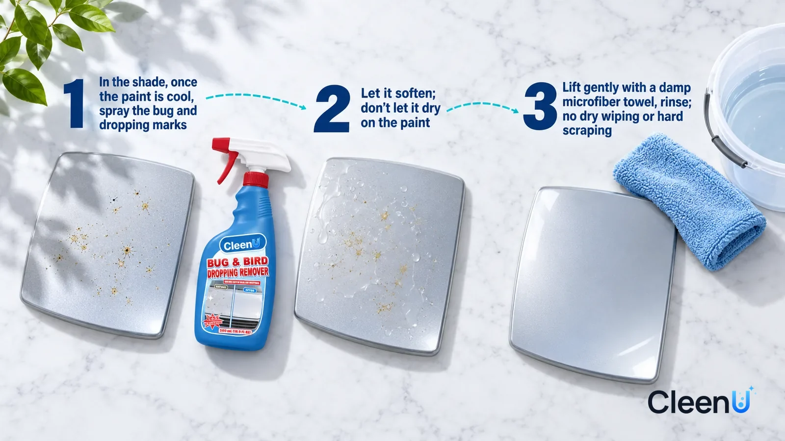 Illustration: CleenU Bug & Bird Dropping Remover — an overhead shot straight down onto a light marble tabletop, no hands: (1) a light silver car-paint sample with a few faint yellow-brown dri