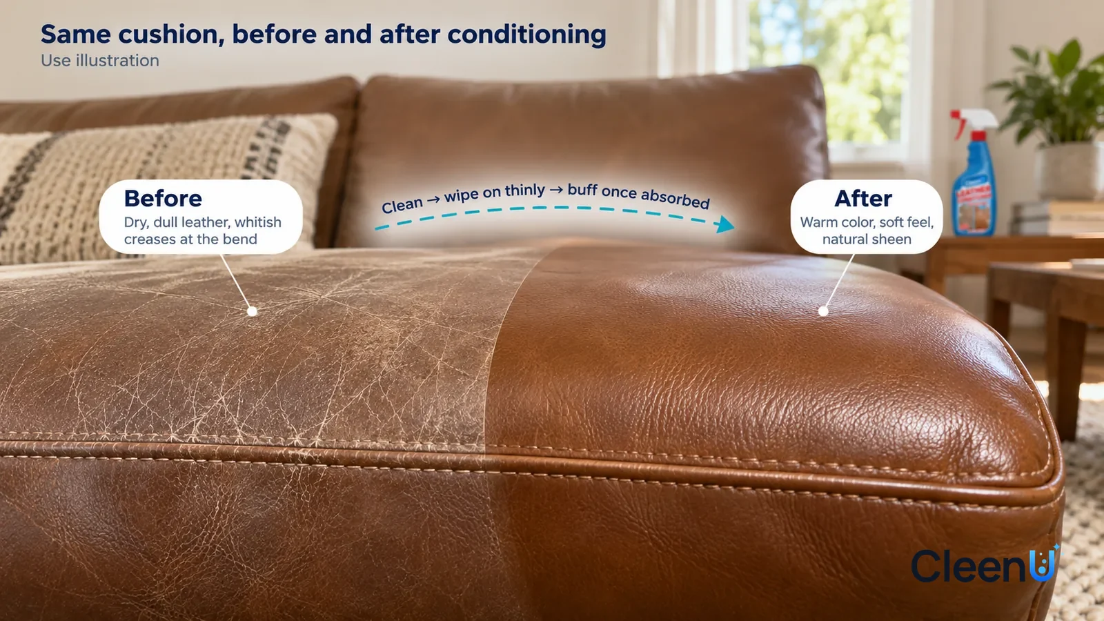 Illustration: CleenU Leather Conditioner — A full-screen low-angle close-up of the front edge of a brown smooth genuine-leather sofa cushion in the same side window light