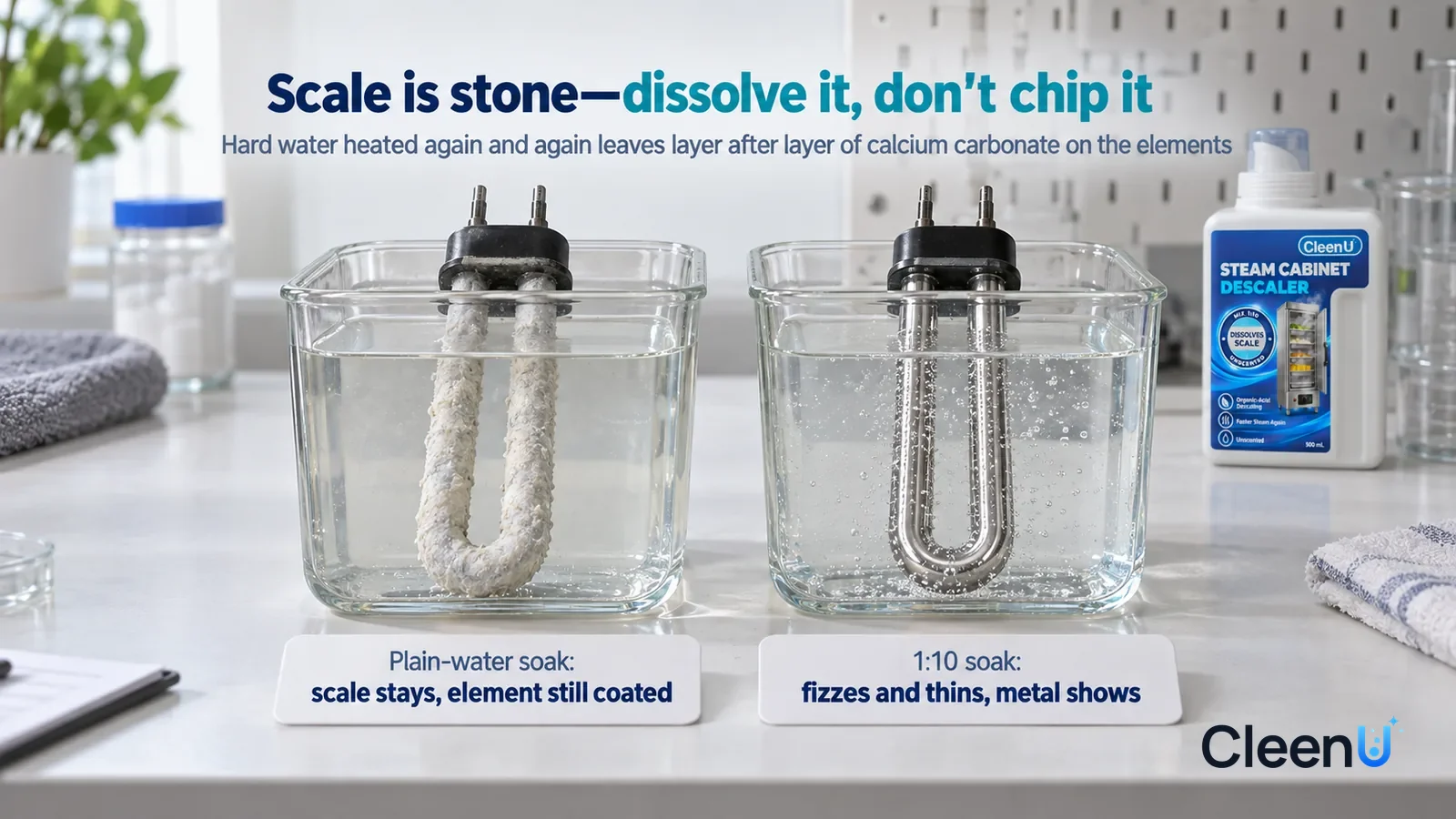 Illustration: CleenU Steam Cabinet & Combi Oven Descaler — A landscape medium close-up of a small experiment in a cleaning lab: two identical long clear glass troughs side by side on a white test ben