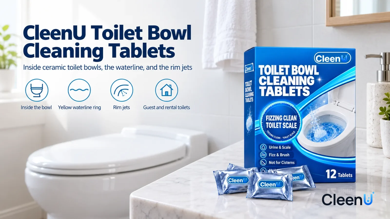 Illustration: CleenU Toilet Bowl Cleaning Tablets — A bright, clean bathroom, a white ceramic toilet with its lid down and white glaze, a white towel on the wall