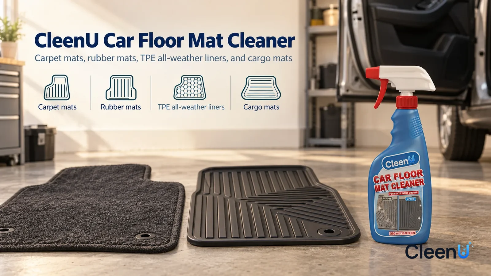 Illustration: CleenU Car Floor Mat Cleaner — A bright, tidy home garage, a clean dark grey carpet mat and a black rubber mat lying flat on the concrete floor