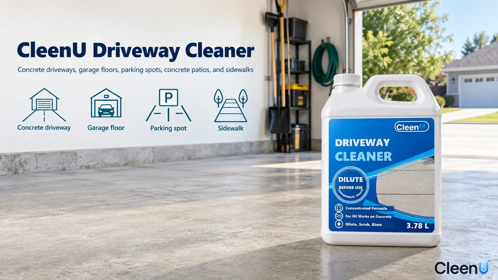Illustration: A white cleaner jug at a garage entrance with use icons.
