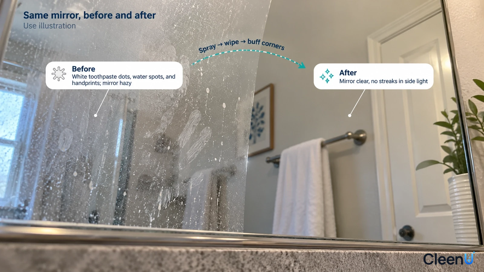 Illustration: White spots and a clearer area on a bathroom mirror, an illustrated comparison rather than a measured test.