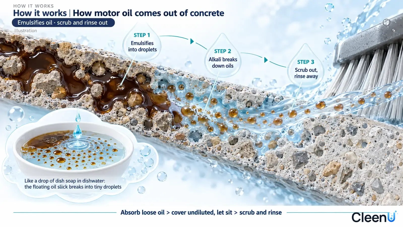 Illustration: Brown-black oil in a concrete pore cross-section with drops, water and brush bristles.