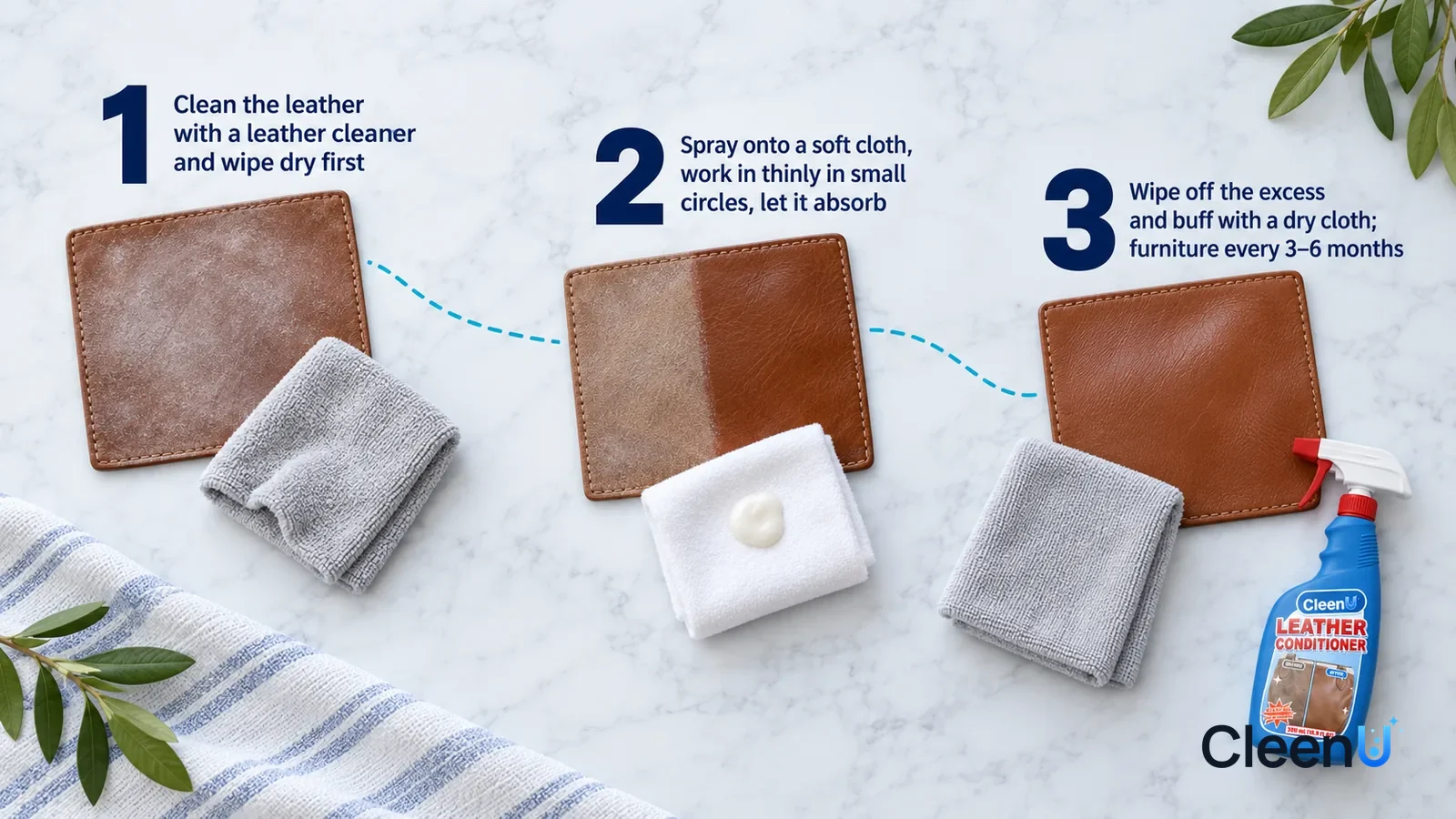 Illustration: CleenU Leather Conditioner — an overhead shot straight down onto a light marble tabletop, no bottle and no hands: (1) a brown leather swatch already wiped clean but stil