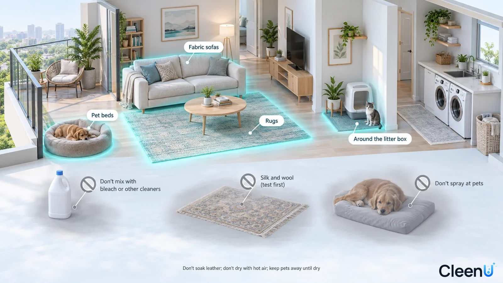 Illustration: Highlighted indoor sofas, rugs and pet beds beside material and pet precautions.