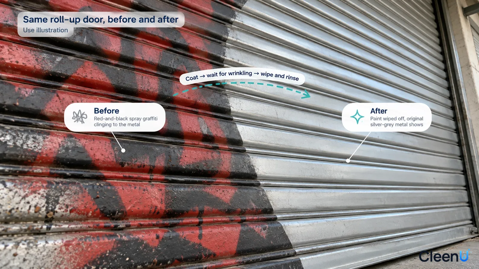 Illustration: Red-black graffiti beside a clearer metal shutter area; not a measured cleaning test.