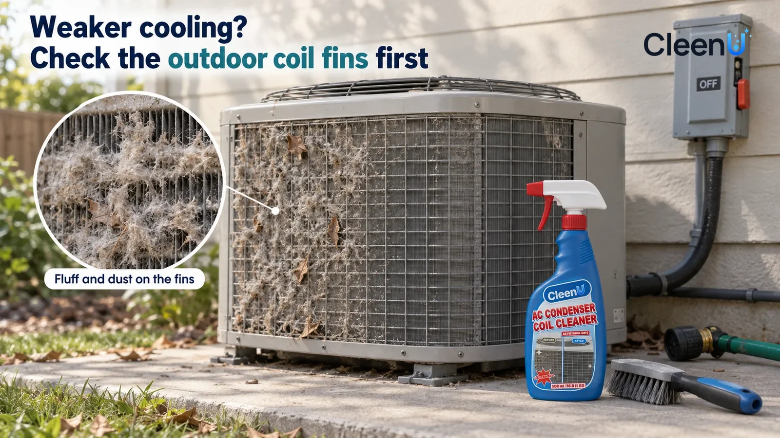 Illustration: CleenU AC Condenser Coil Cleaner — keep one outdoor condenser on a backyard concrete pad, fan stationary and reachable from ground level