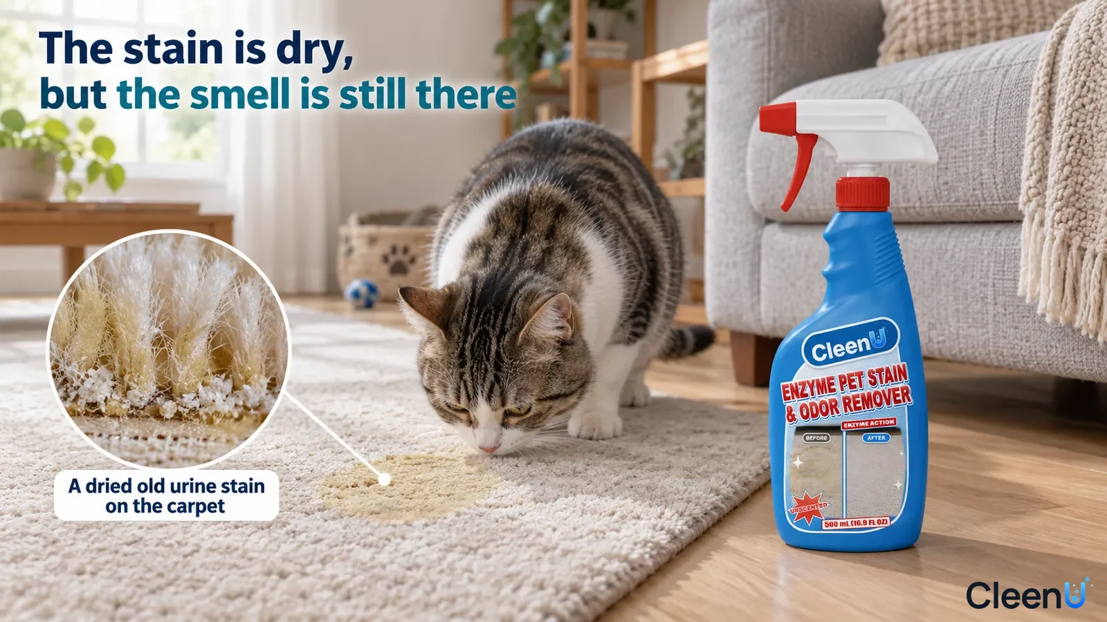 Illustration: A yellow mark on a light carpet beside a cat, blue bottle and stained-fiber close-up.