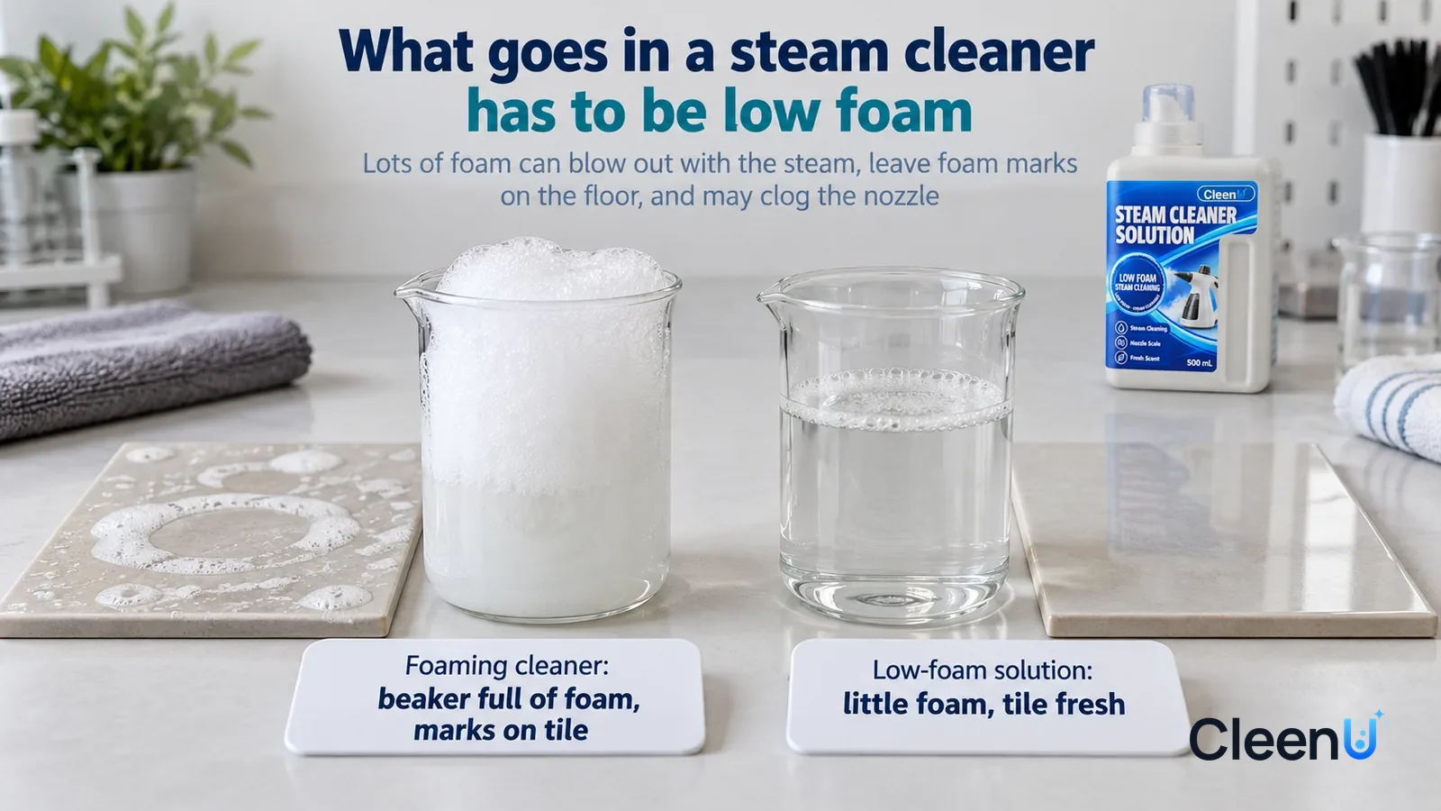Illustration: CleenU Steam Cleaner Solution — A landscape medium close-up of a small experiment in a cleaning lab: two identical clear glass beakers side by side on a white test bench Headline: "What