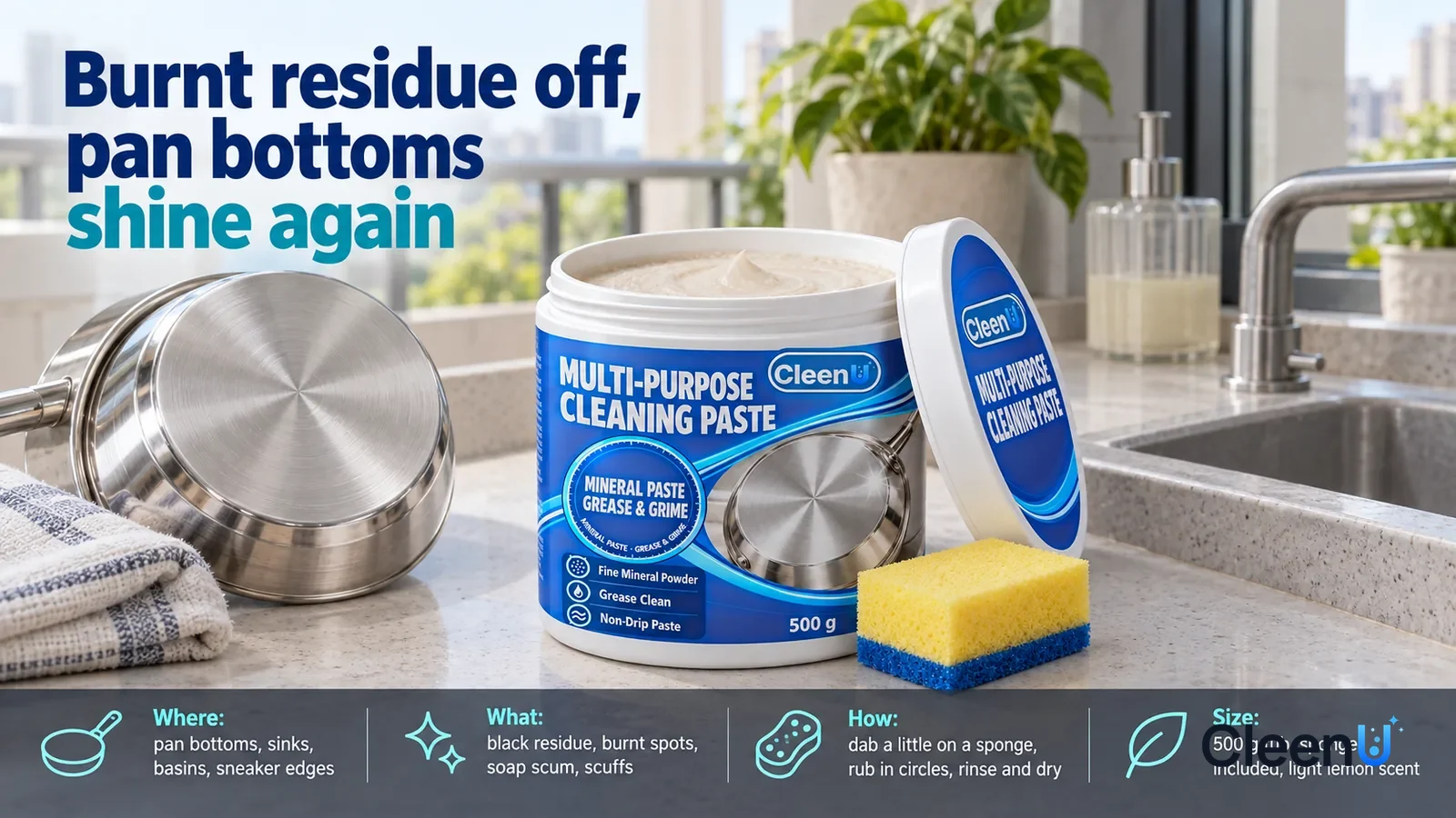 Illustration: CleenU Multi-Purpose Cleaning Paste, as the full set from the master, stands centered on the counter beside the laundry sink, tub opening up