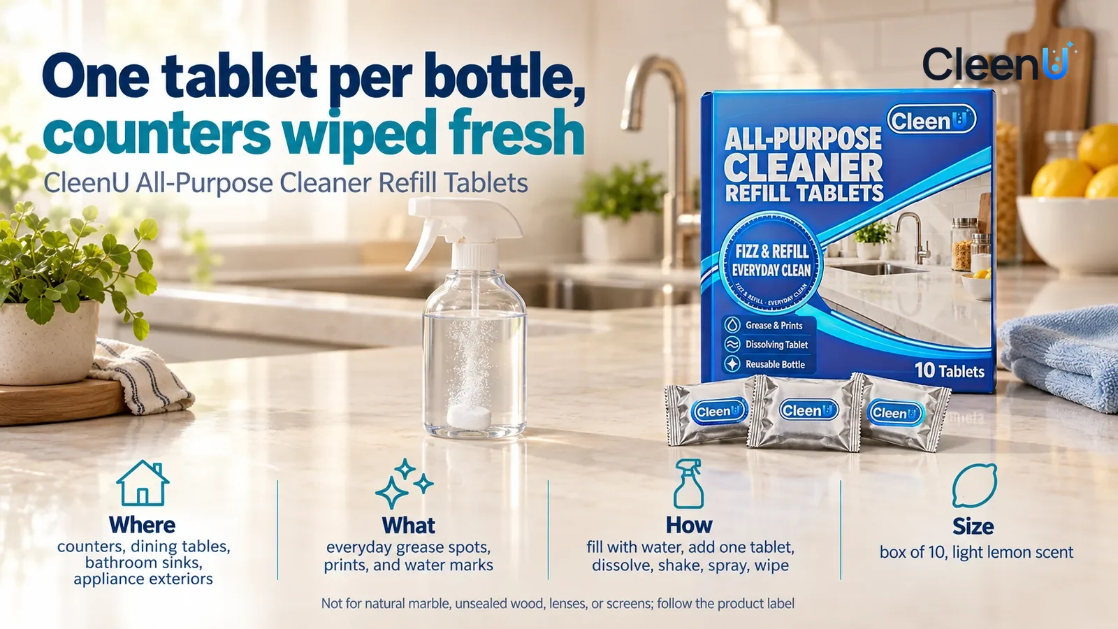 Illustration: CleenU All-Purpose Cleaner Refill Tablets carton stands in the right third of the frame on the kitchen counter, three foil pouches in front of it Headline: "One tablet per bottle, counte