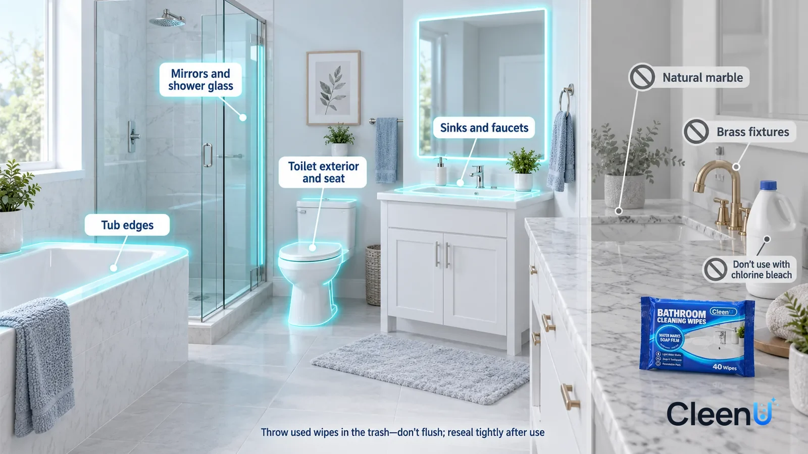 Illustration: CleenU Bathroom Cleaning Wipes — A realistic 3D cutaway of a bright home's main bathroom and guest bathroom