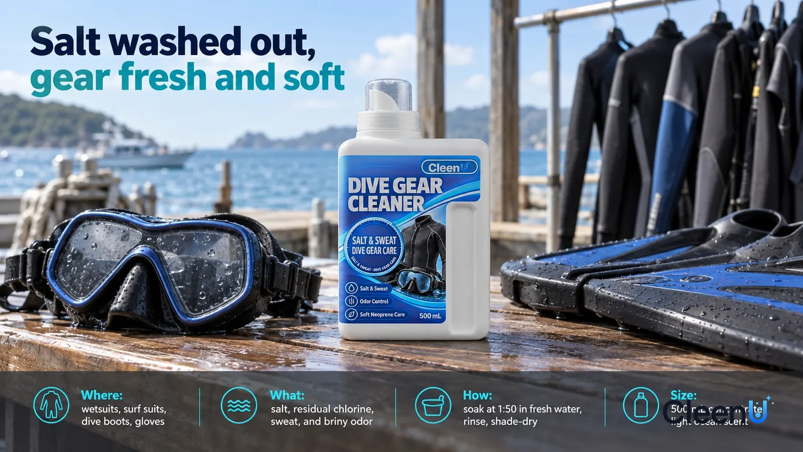 Illustration: CleenU Dive Gear Cleaner, measuring-cup cap on, stands centered, a dive mask and a pair of fins beside it