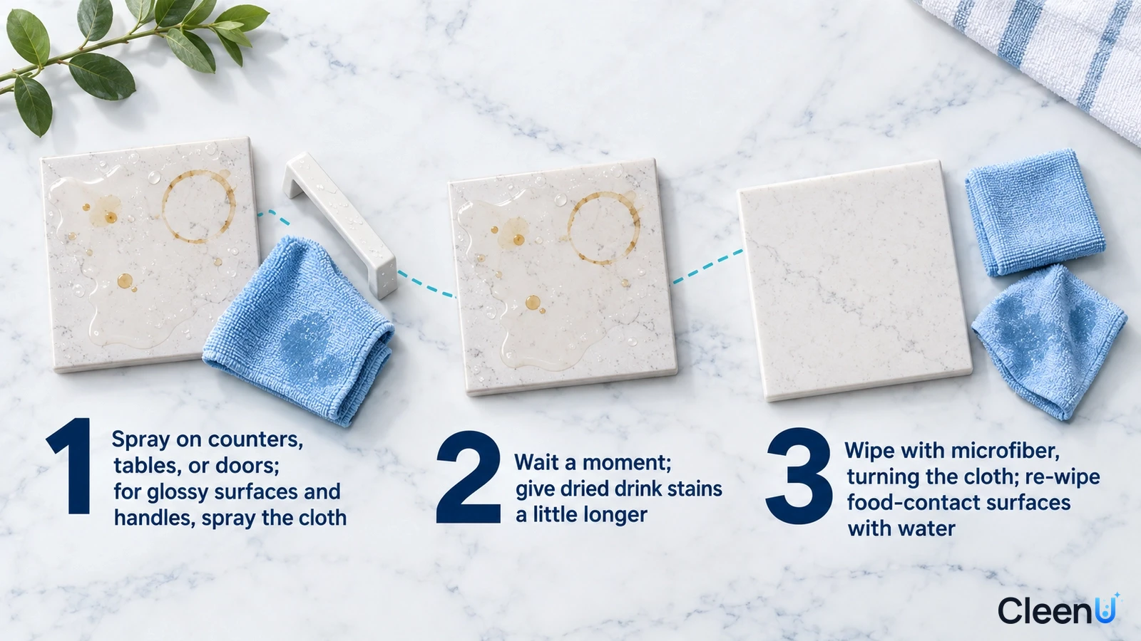 Illustration: Light surface samples with cup rings, a spray bottle and blue cloth with numbered steps.