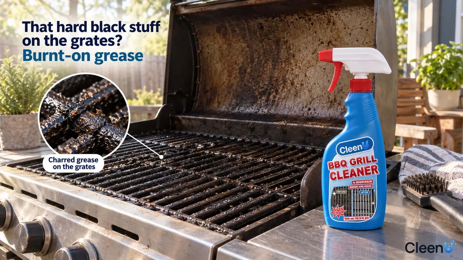 Illustration: Black burnt-on grease on barbecue grates beside a blue grill cleaner bottle.