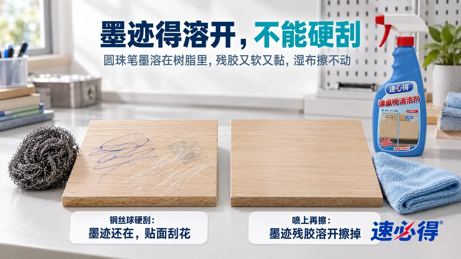 示意图：速必得课桌椅清洁剂——白色测试台上并排放着两块同样的浅木纹贴面板样板，都带着一样的蓝色圆珠笔涂鸦线条和一块发灰残胶，标题“墨迹得溶开，不能硬刮”