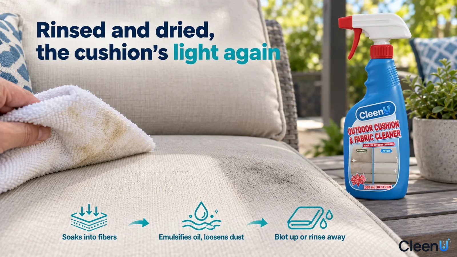 Illustration: A hand wiping a gray area on an outdoor cushion with a white cloth beside a blue bottle.