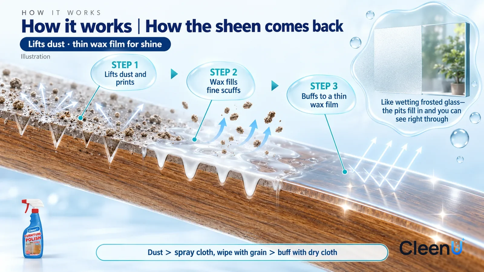 Illustration: CleenU Furniture Polish — an enormously magnified cross-section of a wood furniture finish runs diagonally from upper left to lower right