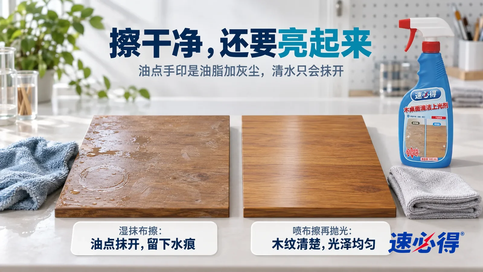 示意图：速必得木桌面清洁上光剂——清洁实验室里一个小实验的横向中近景，白色测试台上并排放着两块同样的封漆实木桌面样板，都带着一样的小油点、手指印和浅白杯印，标题“擦干净，还要亮起来”