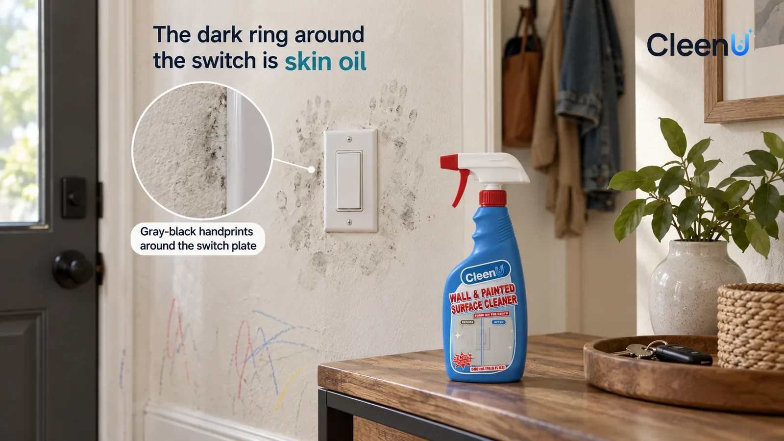 Illustration: CleenU Wall & Painted Surface Cleaner — An everyday entryway, a white switch plate on a white matte latex-painted wall; in raking light a ring of gray-black handprints around the s