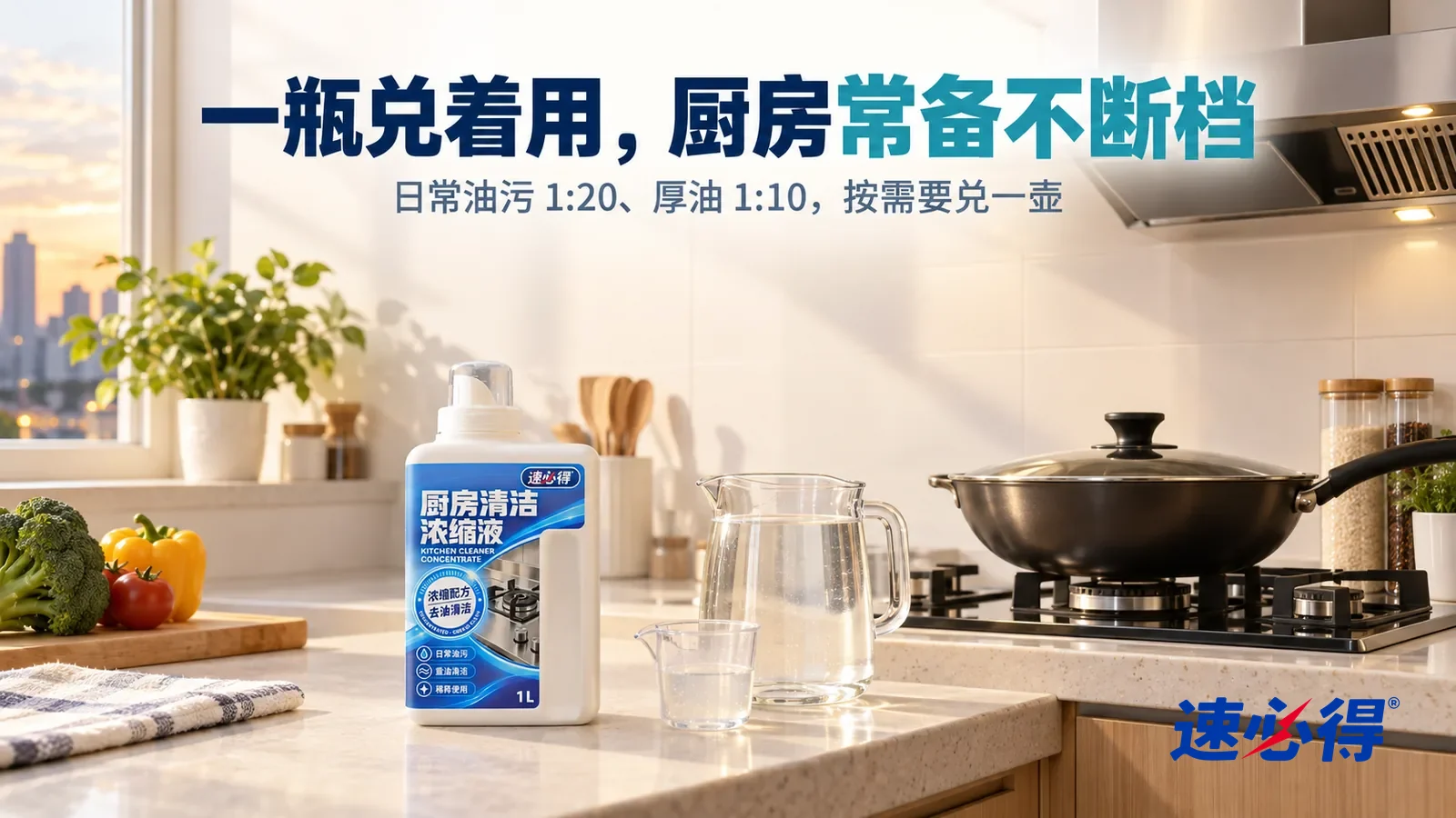 示意图：速必得厨房清洁浓缩液——傍晚明亮的厨房，灶台干干净净，抽油烟机外壳光亮，橱柜门清爽，一口洗净的炒锅放在灶上，窗边一盆小绿植，柔和的光从窗户斜照进来，标题“一瓶兑着用，厨房常备不断档”