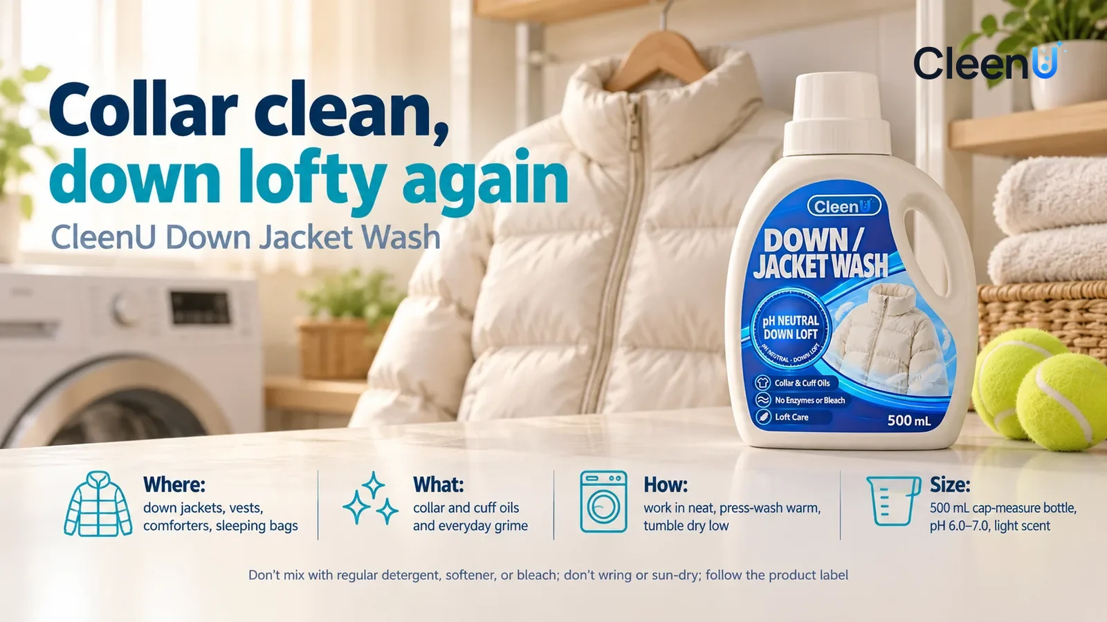 Illustration: CleenU Down Jacket Wash, white cap on, stands in the right third of the frame on a laundry-room shelf counter, two tennis balls beside it, a lofty Headline: "Collar clean, down lofty aga