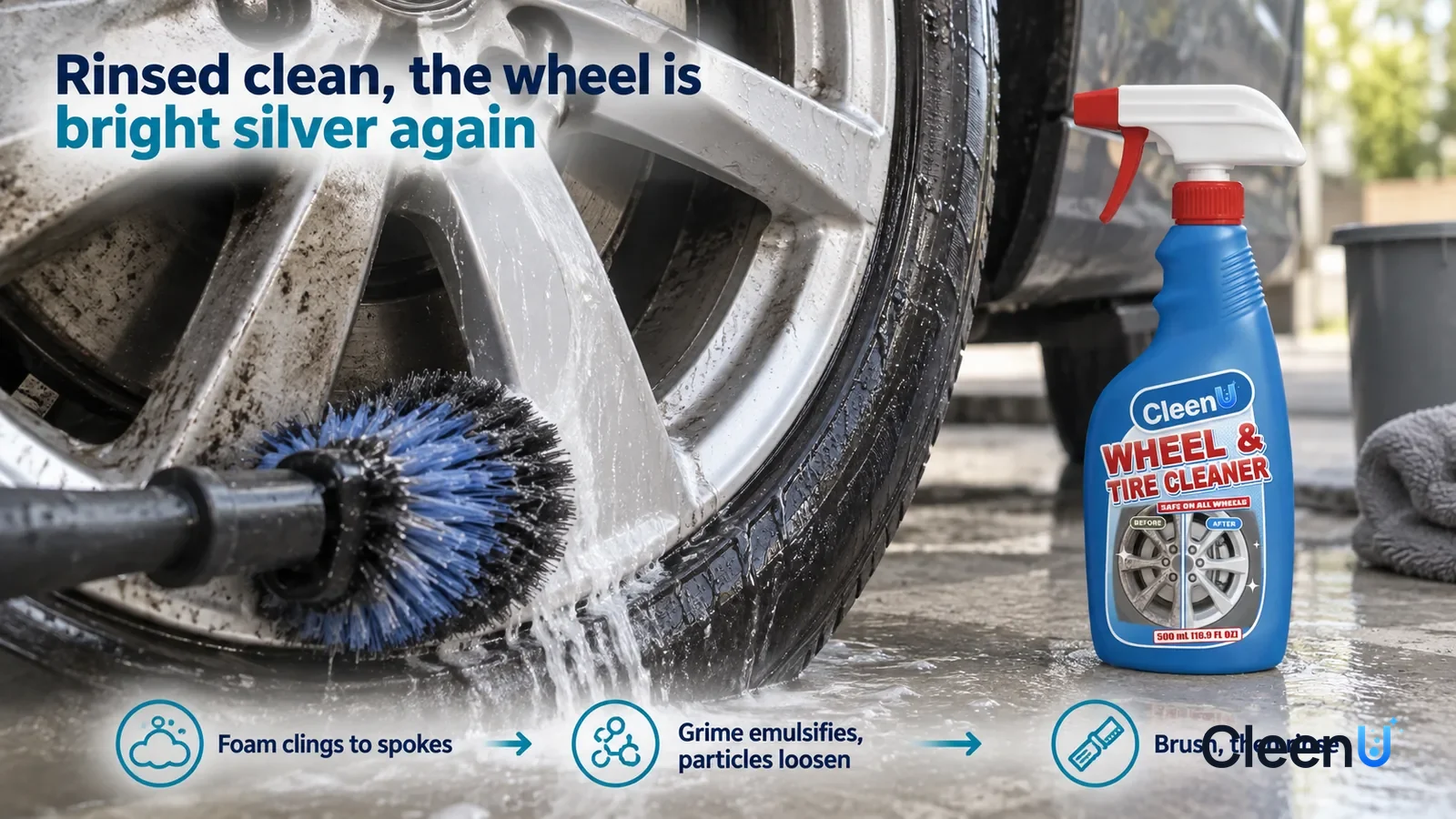 Illustration: CleenU Wheel & Tire Cleaner — a soft-bristle wheel brush has just made one pass, the brushed area bright and clean with clean water running down the spoke