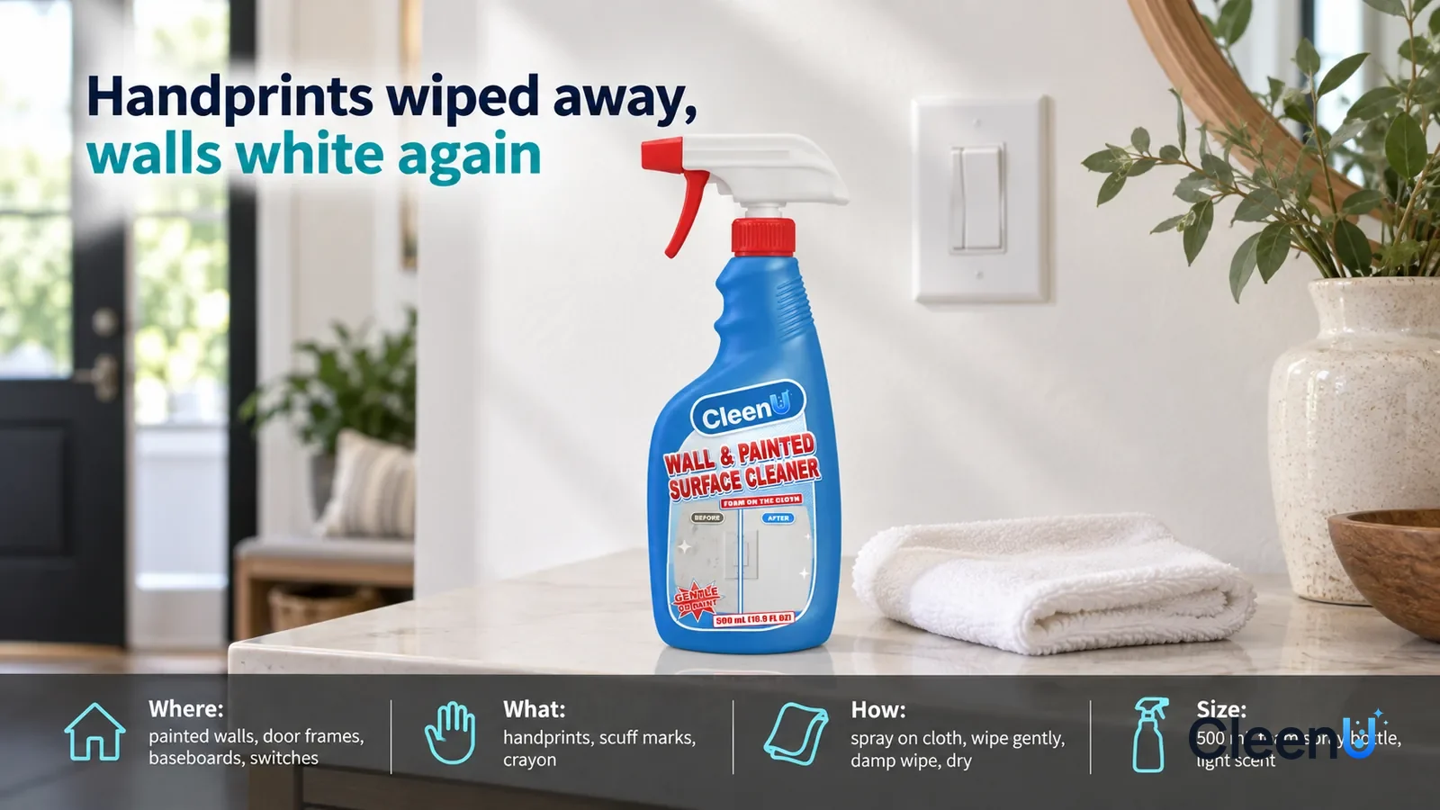 Illustration: CleenU Wall & Painted Surface Cleaner stands centered on the entryway console, a folded white soft cloth beside it