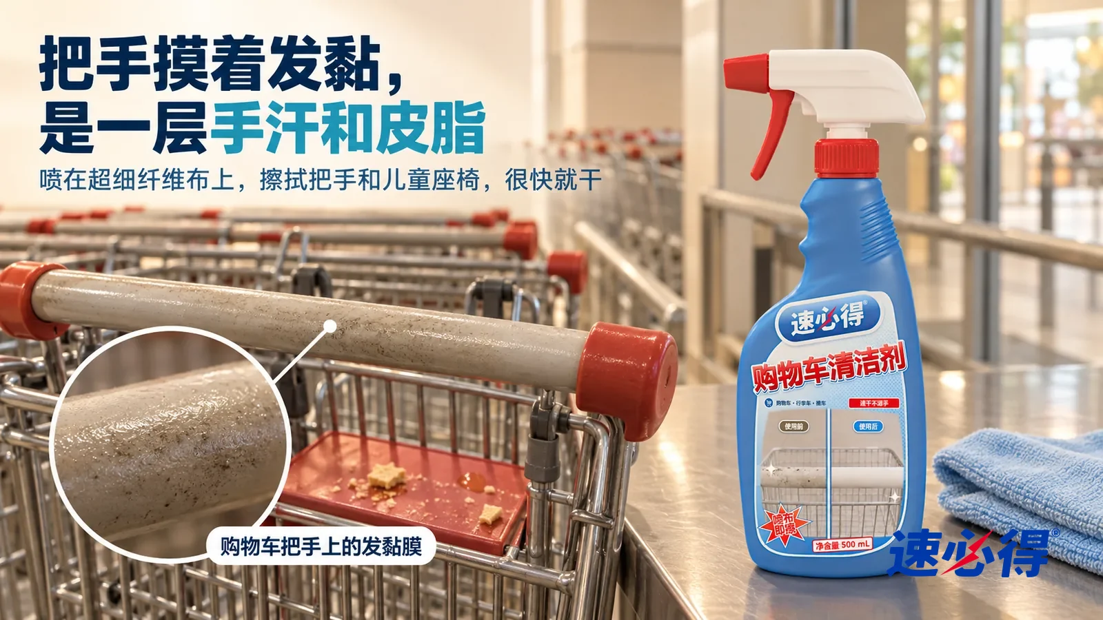 示意图:速必得购物车清洁剂——一个没有招牌文字的超市入口购物车停放区,一排金属购物车整齐套在一起,侧光斜照下最前面一辆的塑料把手上一层发暗发亮的手汗皮脂膜清楚可见,标题“把手摸着发黏,是一层手汗和皮脂”